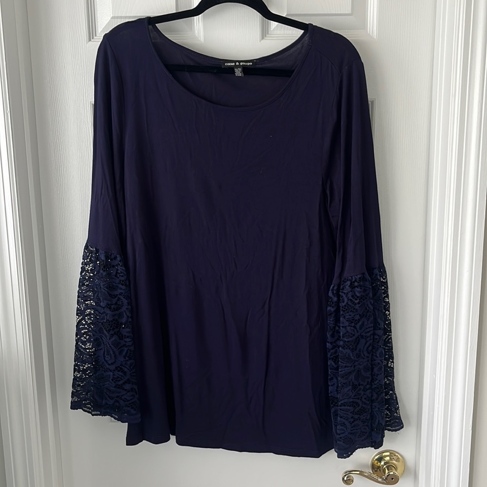 Navy Blue Lace Bell Sleeve Top